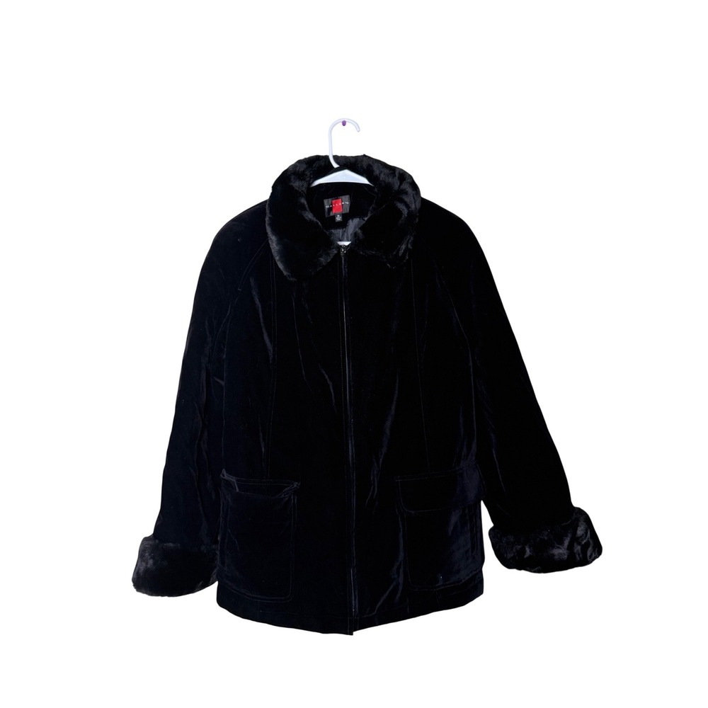 Gallery Womens Black Velvet Jacket Faux Fur Collar Cuffs Zip Front Lined M